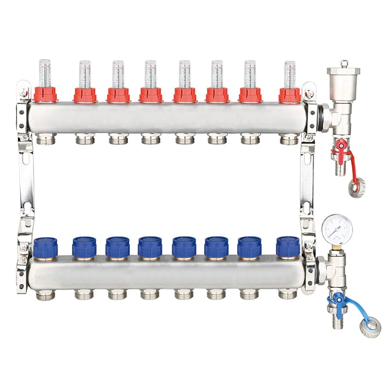 8 Port UFH Manifold Inc Pressure Gauge & Auto Air Vent | ZL-117508
