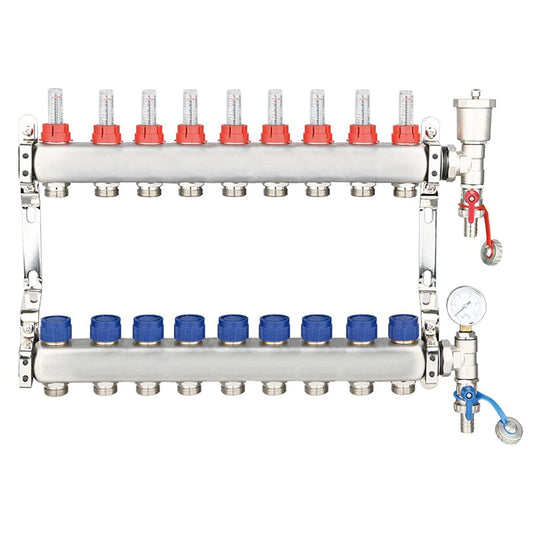9 Port UFH Manifold Inc Pressure Gauge & Auto Air Vent | ZL-117509